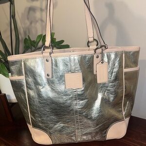 COACH Silver / Gold Metallic Leather large Tote 26141E